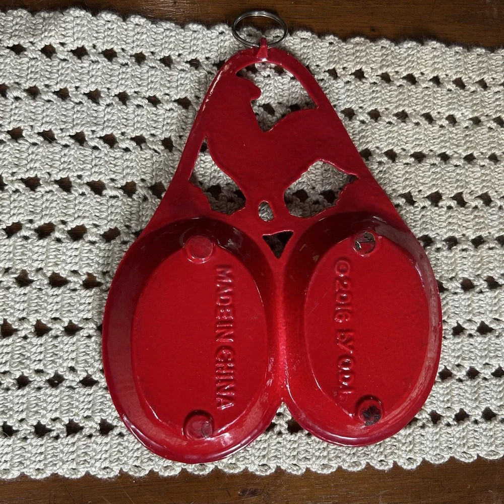ODI Double Spoon Rest Cast Iron Enamel RED Rooster Country Farmhouse Retro